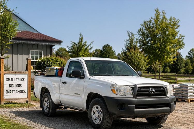 Photorealistic image of a used small pickup truck parked in a light-duty work setting with tools in the bed, highlighting compact trucks ideal for daily driving, fuel efficiency, and small job tasks.